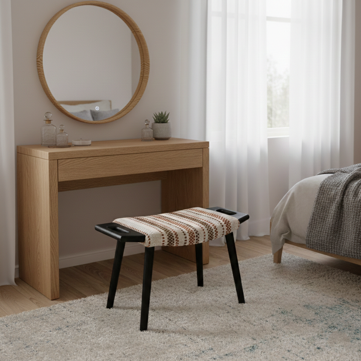 Contemporary Retro Cotton Linen Curved Seat Solid Wood Vanity Stool With Handles For Bedroom