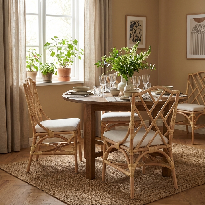 Silla de comedor contemporánea escandinava tejida a mano de ratán natural con cojín impermeable - Silla de respaldo para uso en interiores y exteriores 
