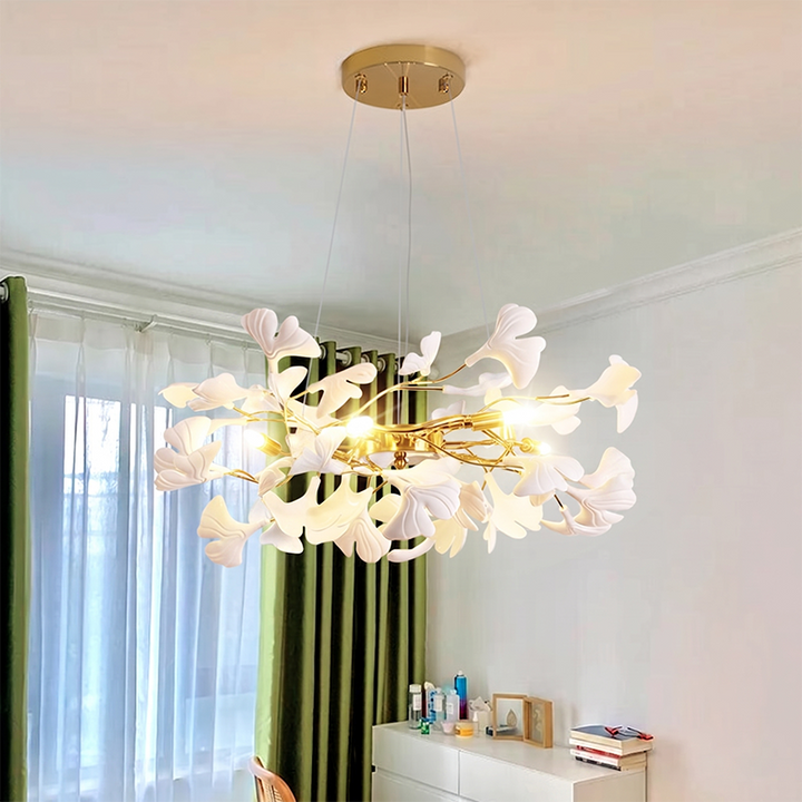 Dôme de feuille de ginkgo français traditionnel, dessus rectangulaire, rond, linéaire, fer, céramique, lustre à 6/8/10/12 lumières pour chambre 