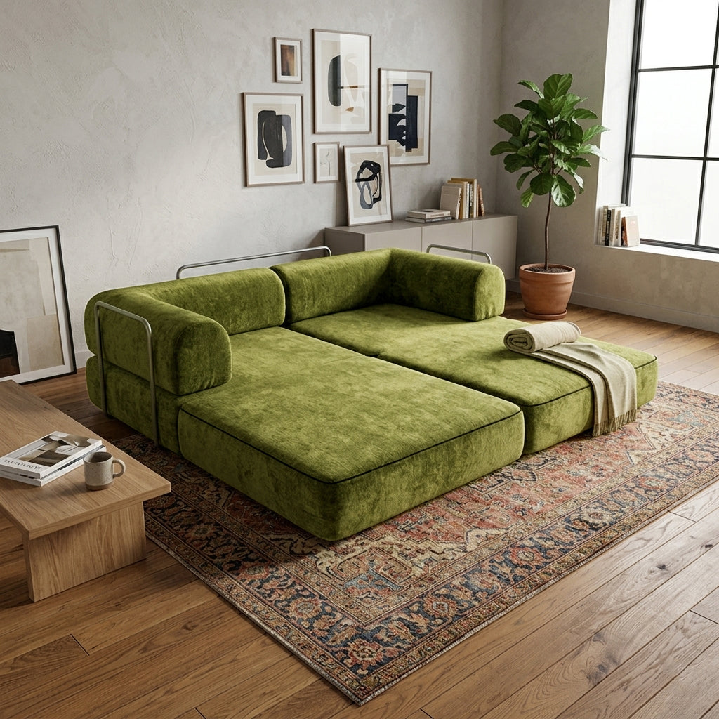 Modern Chenille Convertible Sofa Bed - Compression Foldable Couch With High Resilience Foam And Metal Frame For Living Room &amp; Bedroom