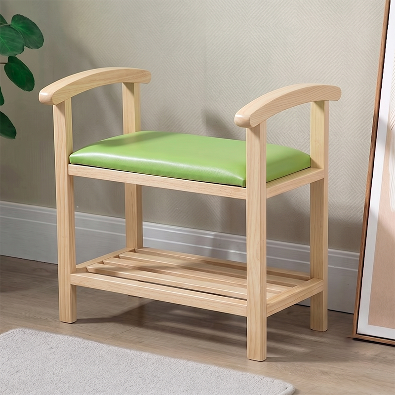 Traditional Japanese Rectangular Rubberwood Solid Wood Plywood PU Leather Shoe Bench Backless Armrest For Entryway &amp; Hallway