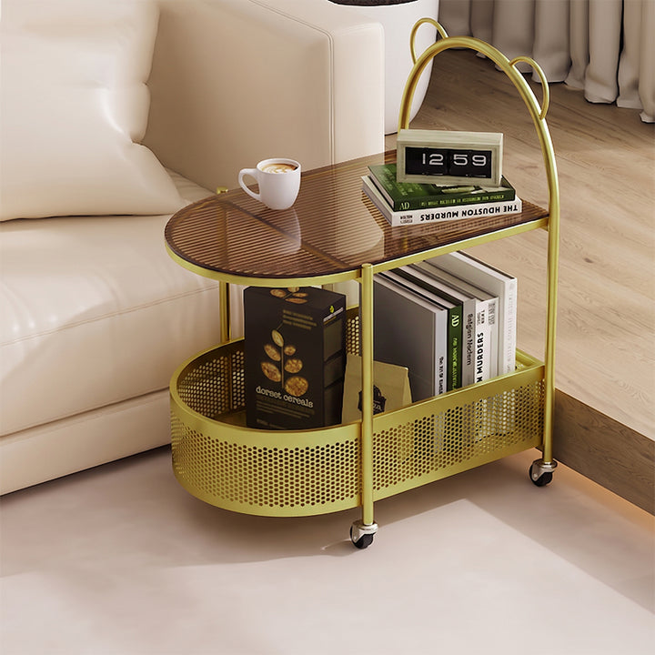Modern Creative Oval Glass Iron Side Table 1-Storage For Living Room