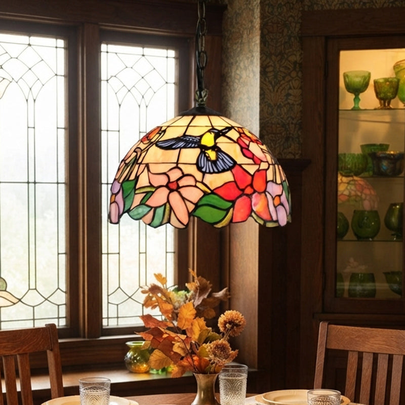 Traditional Tiffany Dome Flower Stained Glass Shade Iron 1-Light Pendant Light For Living Room