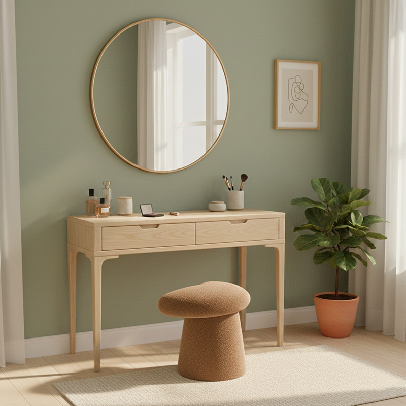 Modern Minimalist Solid Wood Plywood &amp; Sherpa Fabric Whale-Tail Cushion Vanity Stool With Cylindrical Base For Bedroom