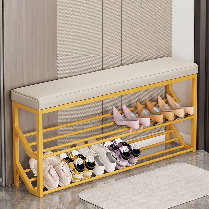 Modern Minimalist Faux Leather Steel Rectangular Shoe Bench 2-Tier Storage For Entryway