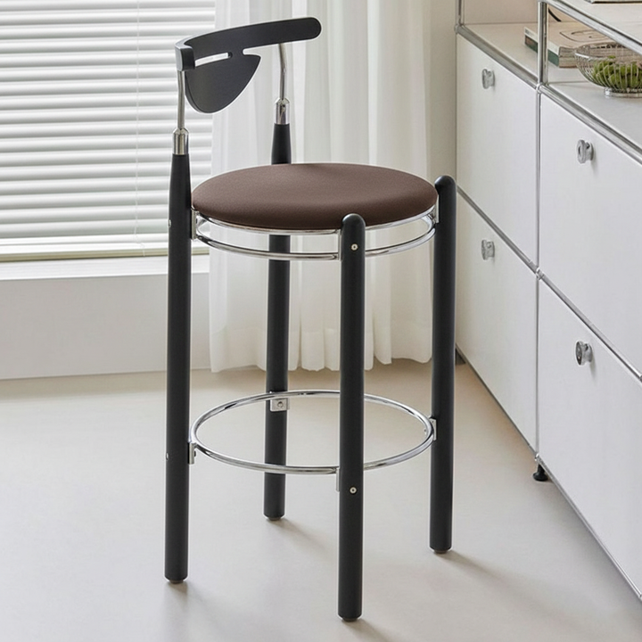 Modern Minimalist Round Solid Wood Plywood Wrought Iron Bar Stool With Backrest Footrest - Beech Wood Legs, Upholstered Sponge Cushions For Dining Room &amp; Kitchen