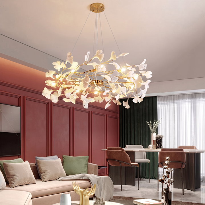 Traditional French Ginkgo Leaf Dome Rectangle Top Round Linear Iron Ceramic 6/8/10/12 Light Chandelier For Bedroom