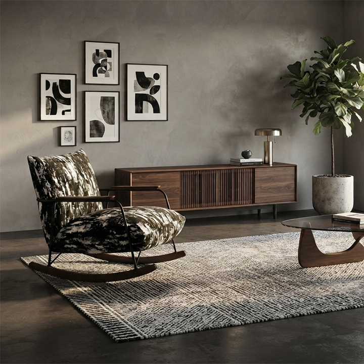 Zeitgenössischer Retro-Sessel aus Eisen, Kautschukholz und Flanellimitat mit Tintenmalerei-Design, Fußstütze, Rückenlehne und Armlehnen fürs Wohnzimmer 