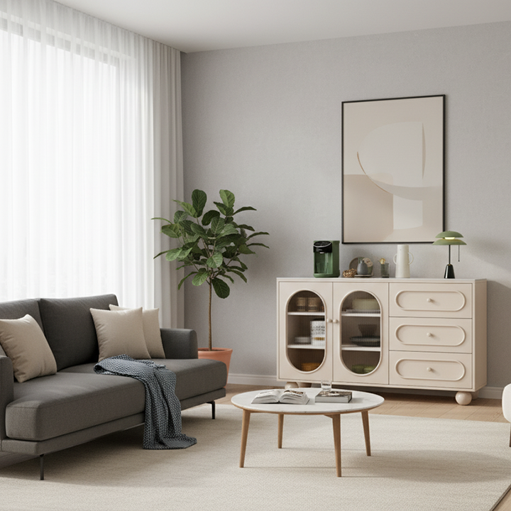 Contemporary Scandinavian Rectangular Medium-Density Fiberboard Particleboard Sintered Stone Fluted Glass Sideboard 1-Cabinet 3-Drawer For Living Room