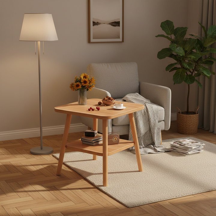 Modern Minimalist MDF Rounded-Corner Square Side Table 2-Tier For Living Room
