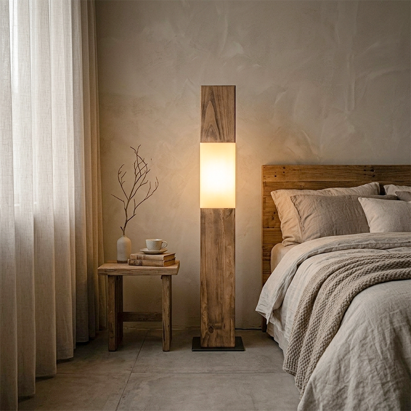 Traditional Vintage Solid Wood Iron LED Floor Lamp Fabric Distressed Rectangular Pillar Design for Living Room