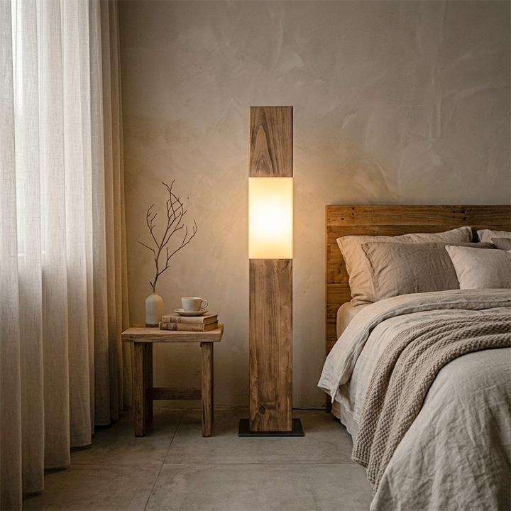 Traditional Vintage Solid Wood Iron LED Floor Lamp Fabric Distressed Rectangular Pillar Design for Living Room