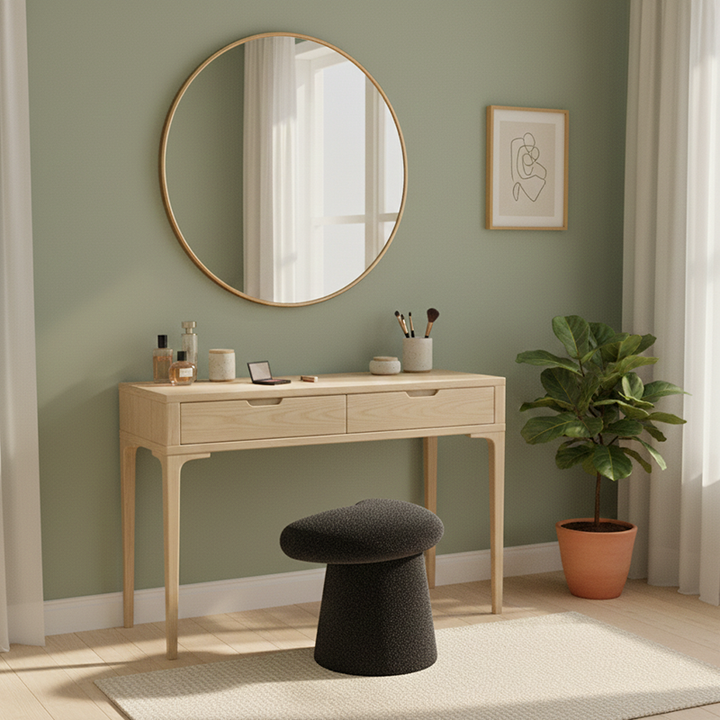 Modern Minimalist Solid Wood Plywood &amp; Sherpa Fabric Whale-Tail Cushion Vanity Stool With Cylindrical Base For Bedroom