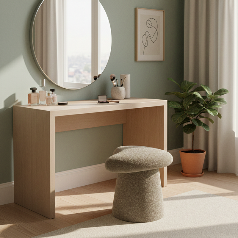 Modern Minimalist Solid Wood Plywood &amp; Sherpa Fabric Whale-Tail Cushion Vanity Stool With Cylindrical Base For Bedroom