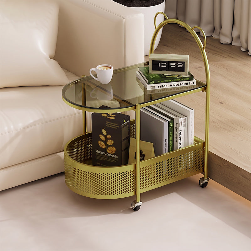 Modern Creative Oval Glass Iron Side Table 1-Storage For Living Room