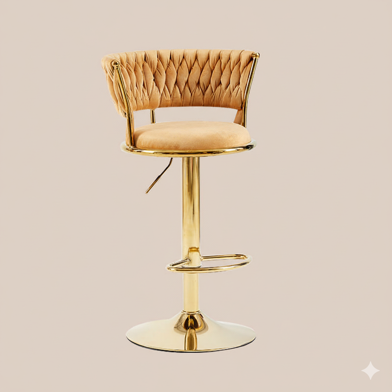 Contemporary Luxury Round Iron Faux Velvet Height Adjustable Bar Stool For Kitchen