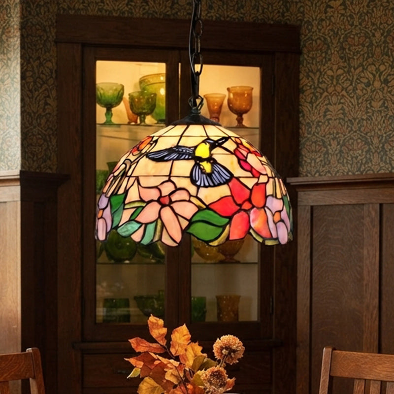 Traditional Tiffany Dome Flower Stained Glass Shade Iron 1-Light Pendant Light For Living Room