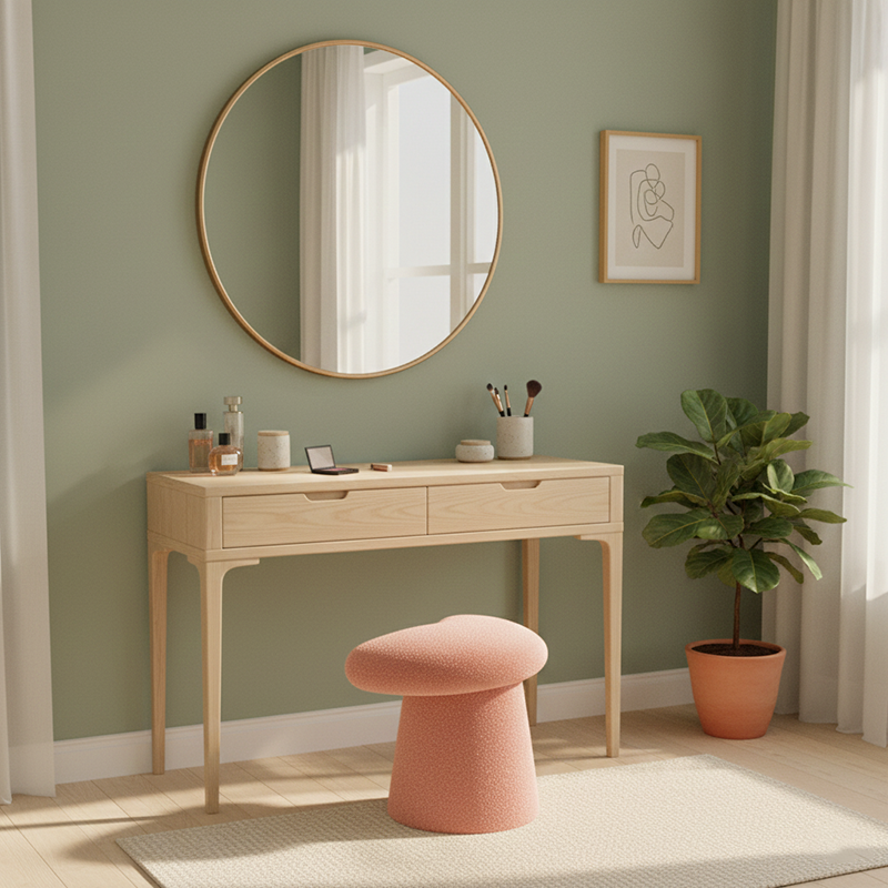 Modern Minimalist Solid Wood Plywood &amp; Sherpa Fabric Whale-Tail Cushion Vanity Stool With Cylindrical Base For Bedroom