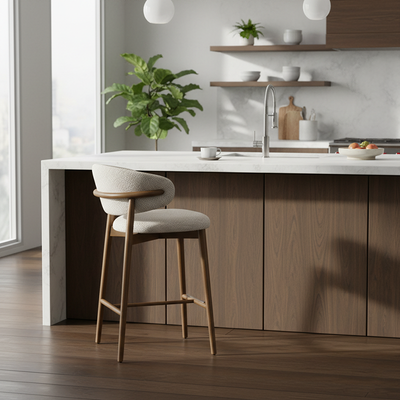 Modern Minimalist Ash Wood Fabric Rectangular Bar Stool Backrest Footrest For Kitchen