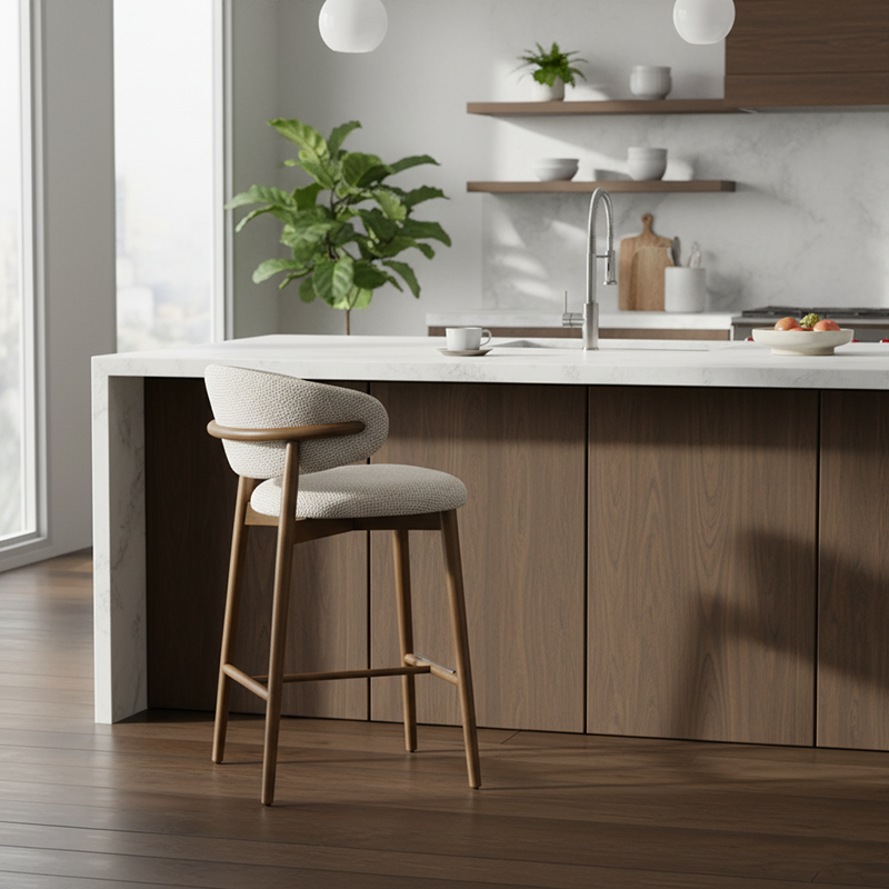 Modern Minimalist Ash Wood Fabric Rectangular Bar Stool Backrest Footrest For Kitchen