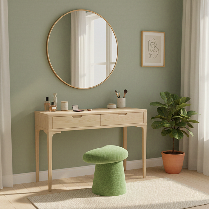 Modern Minimalist Solid Wood Plywood &amp; Sherpa Fabric Whale-Tail Cushion Vanity Stool With Cylindrical Base For Bedroom