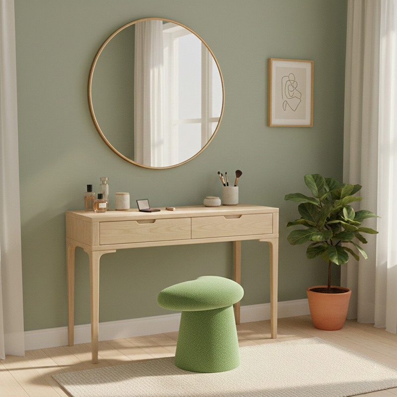 Modern Minimalist Solid Wood Plywood &amp; Sherpa Fabric Whale-Tail Cushion Vanity Stool With Cylindrical Base For Bedroom