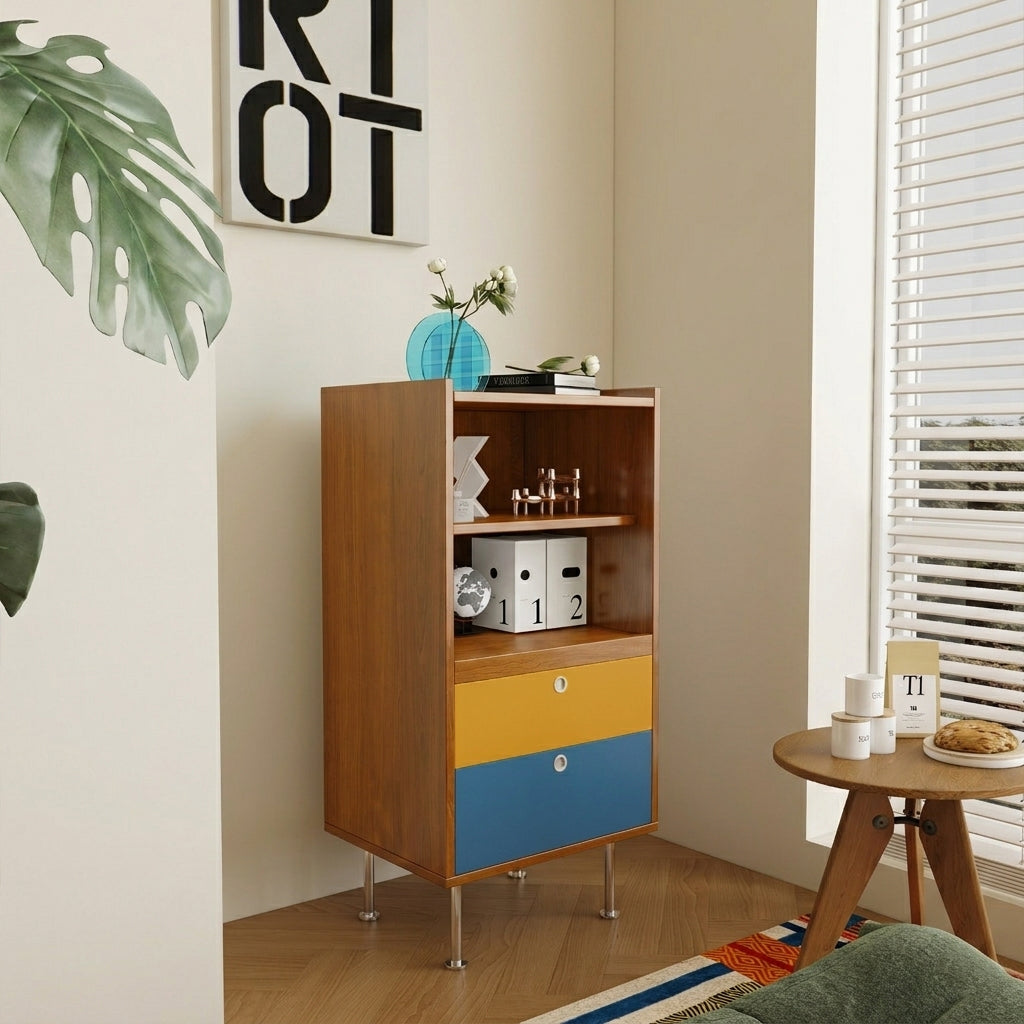 Aparador de almacenamiento organizado de gran capacidad rectangular de acero inoxidable y tablero de partículas estilo escandinavo contemporáneo con 2 cajones para sala de estar 