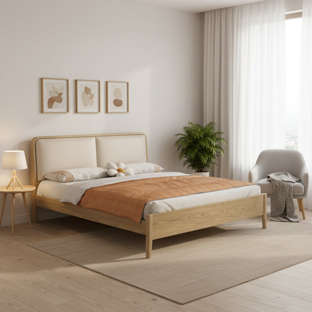 フレンチフラッシュエッジベッドフレーム - 本革ヘッドボード &amp; 通気性のあるパインスラットベッド 