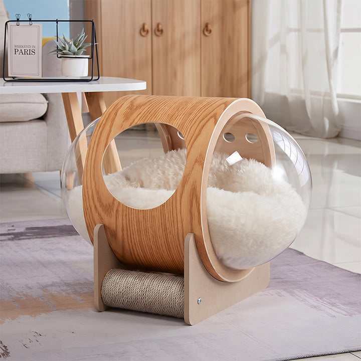 Cama para gato ovalada tipo cápsula espacial de MDF minimalista moderno, sisal y acrílico para sala de estar y dormitorio 
