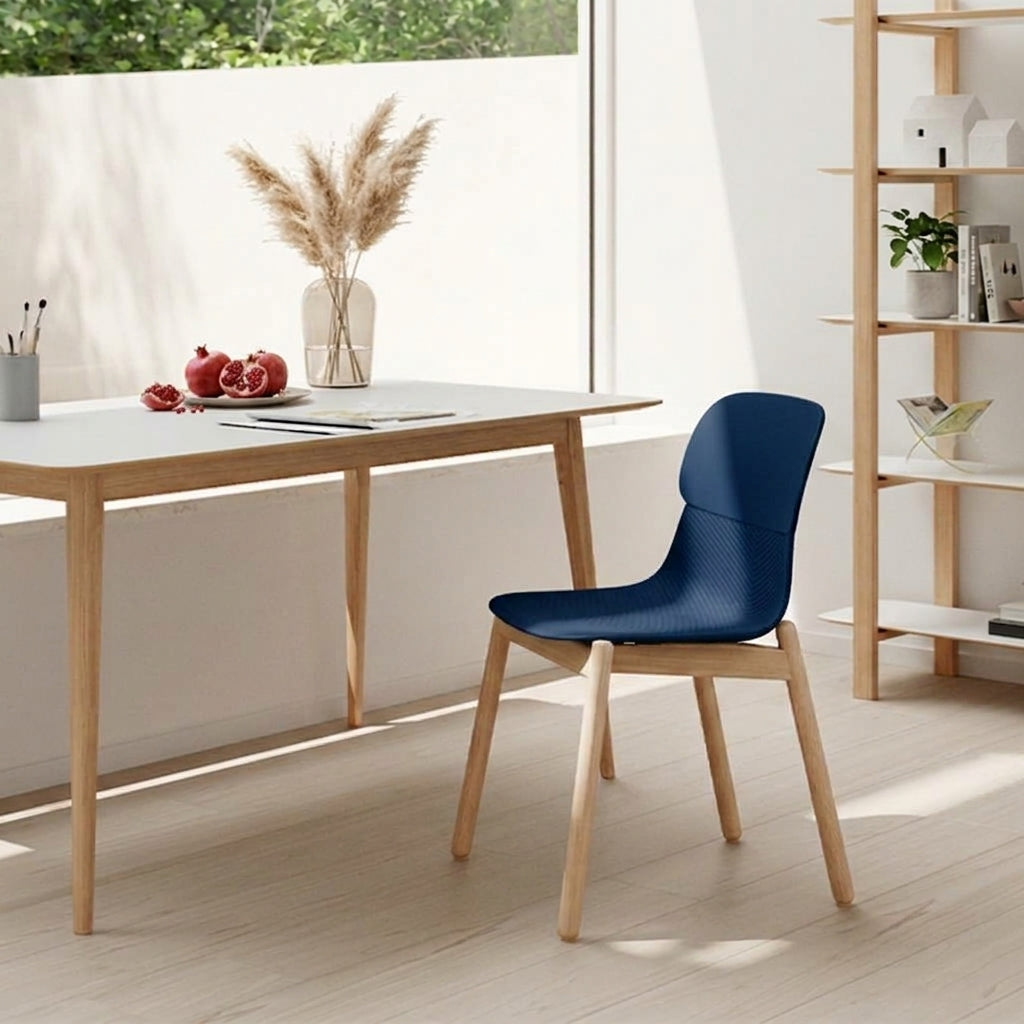 Modern Minimalist PP Dining Chair With Ergonomic Curved Back &amp; Solid Beech Wood Legs - Textured Side Chair For Dining Room, Kitchen &amp; Home Office