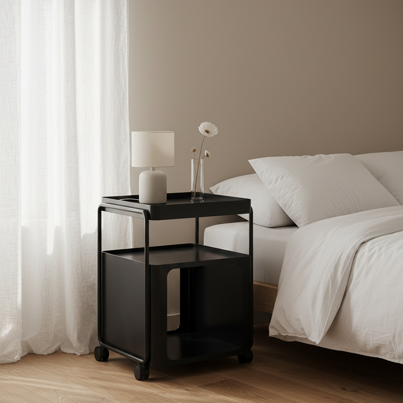 Modern Minimalist Square Iron Nightstand 3-Tier Movable For Bedroom