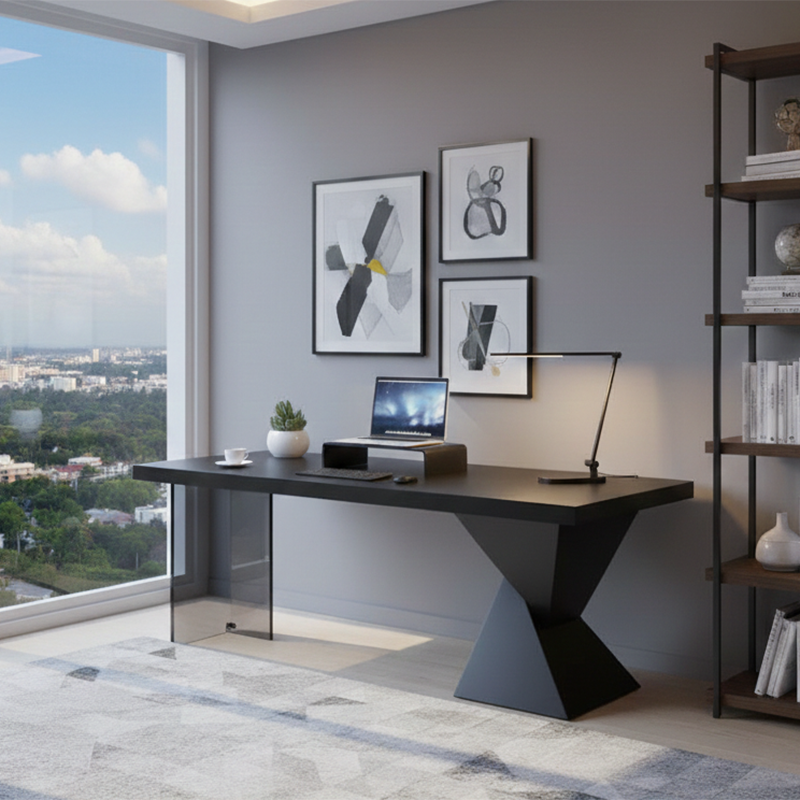 Bureau rectangulaire moderne minimaliste en chêne et acrylique avec charge sans fil et prise pour chambre et bureau à domicile 