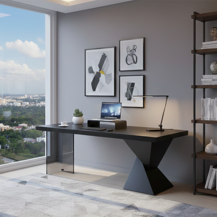 Moderner minimalistischer rechteckiger Schreibtisch aus Eiche und Acryl mit kabellosem Laden und Steckdose für Schlafzimmer und Home Office 