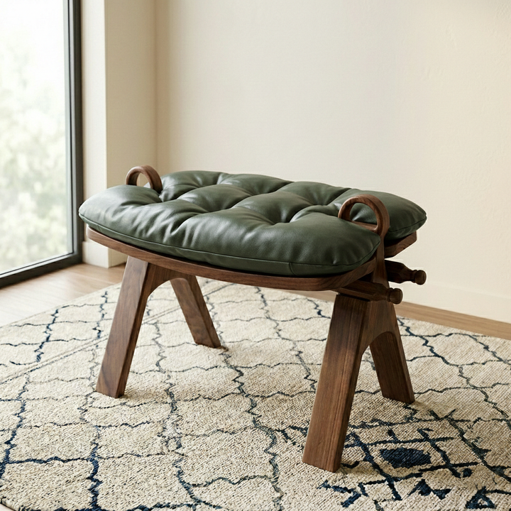 Contemporary Retro Top Grain Leather Curved Rectangular Low Stool With Solid Wood Base For Bedroom &amp; Living Room