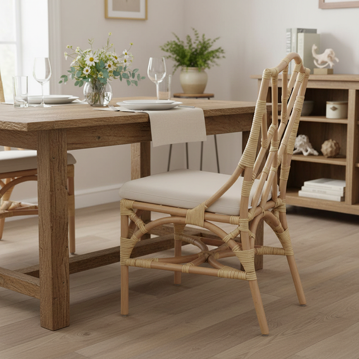Silla de comedor contemporánea escandinava tejida a mano de ratán natural con cojín impermeable - Silla de respaldo para uso en interiores y exteriores 