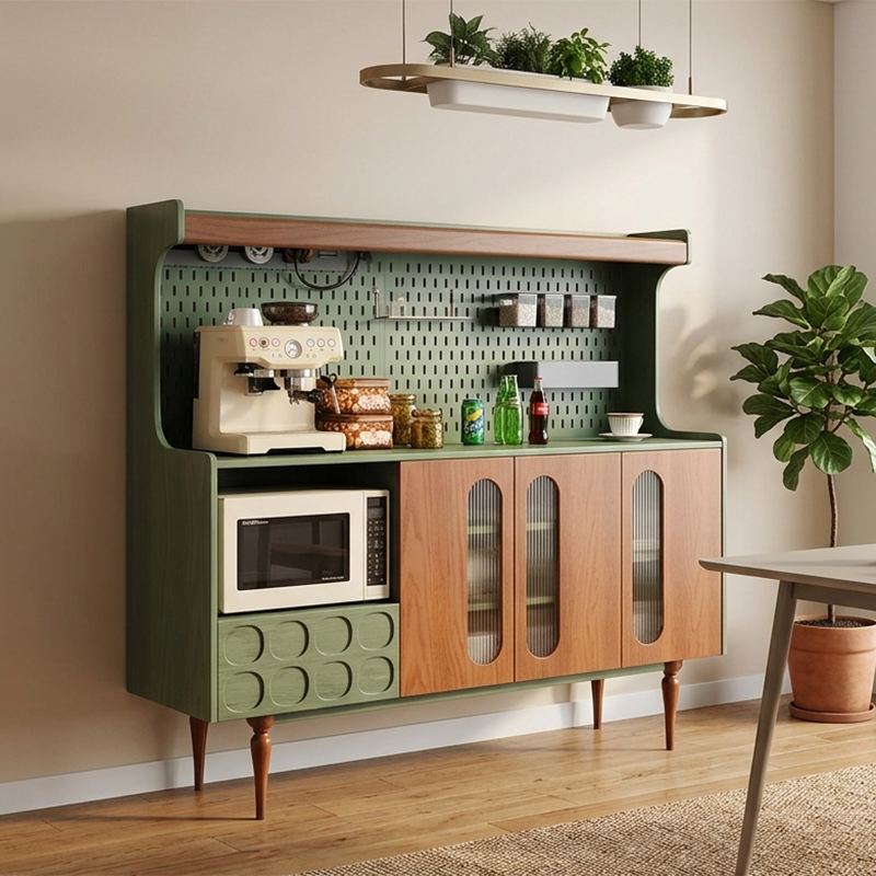 Traditional French Ash Wood &amp; Plywood Sideboard Cabinet - 3 Door Storage Cabinet With Metal Pegboard, Drawer &amp; Glass Doors