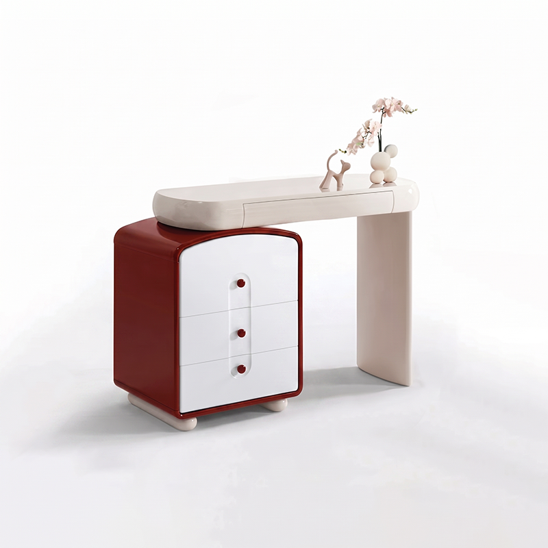 Contemporary Curved Storage Cabinet With Extendable Tabletop Makeup Vanity - Nordic Space-Saving Dressing Station With 4 Drawers For Bedroom