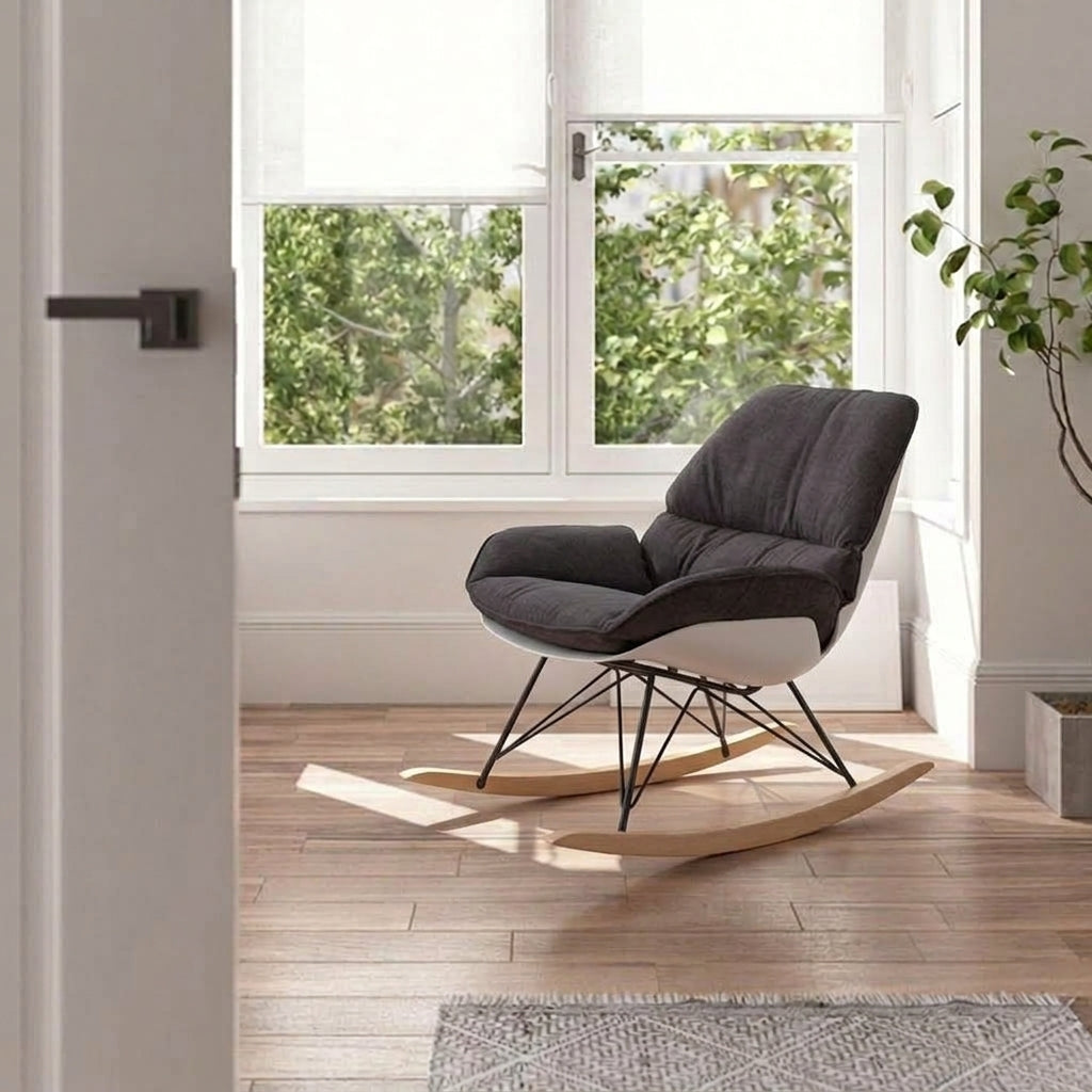 Contemporary Nordic Upholstered Rocking Chair - Ergonomic Steel PP Fabric Solid Wood Lounge Chair For Living Room, Bedroom &amp; Reading Nook