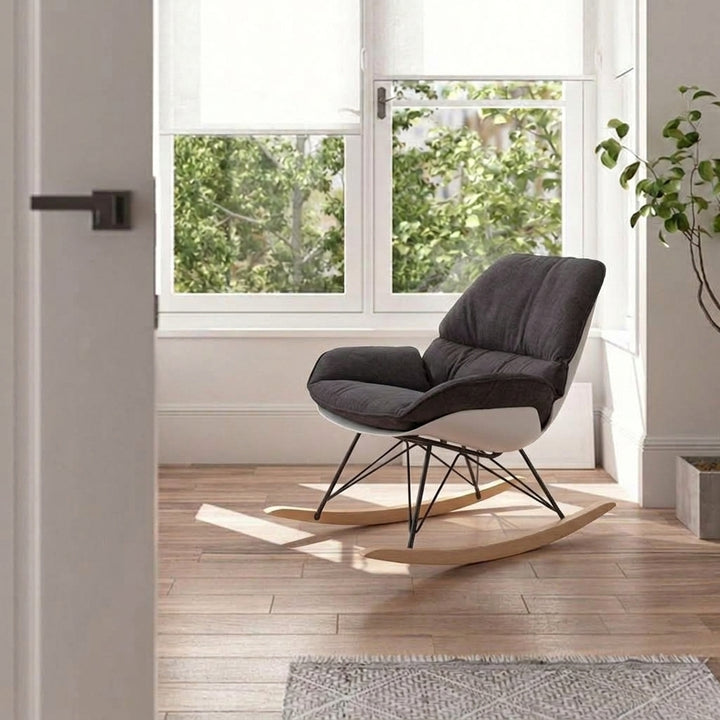 Contemporary Nordic Upholstered Rocking Chair - Ergonomic Steel PP Fabric Solid Wood Lounge Chair For Living Room, Bedroom &amp; Reading Nook