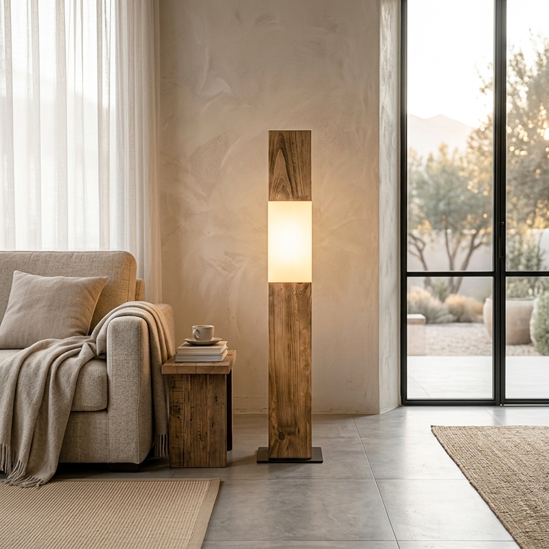 Traditional Vintage Solid Wood Iron LED Floor Lamp Fabric Distressed Rectangular Pillar Design for Living Room