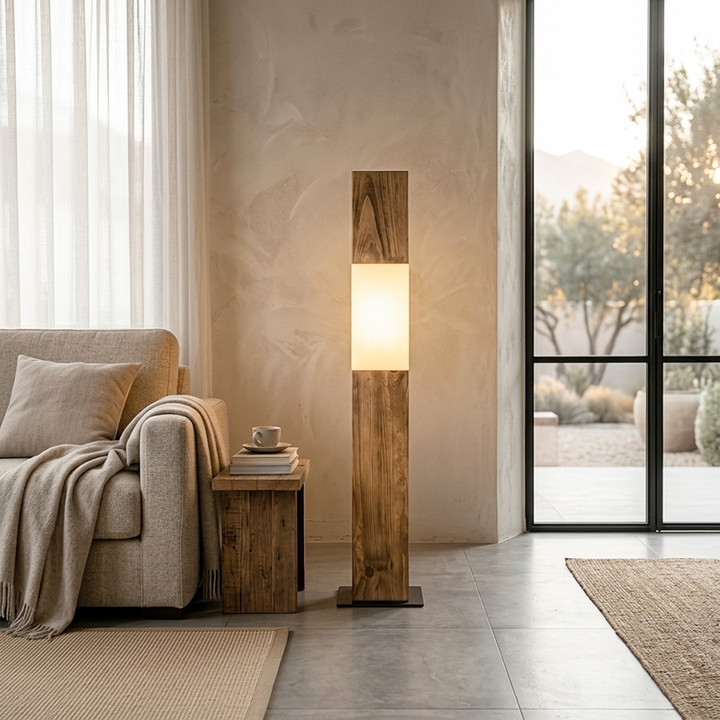 Traditional Vintage Solid Wood Iron LED Floor Lamp Fabric Distressed Rectangular Pillar Design for Living Room