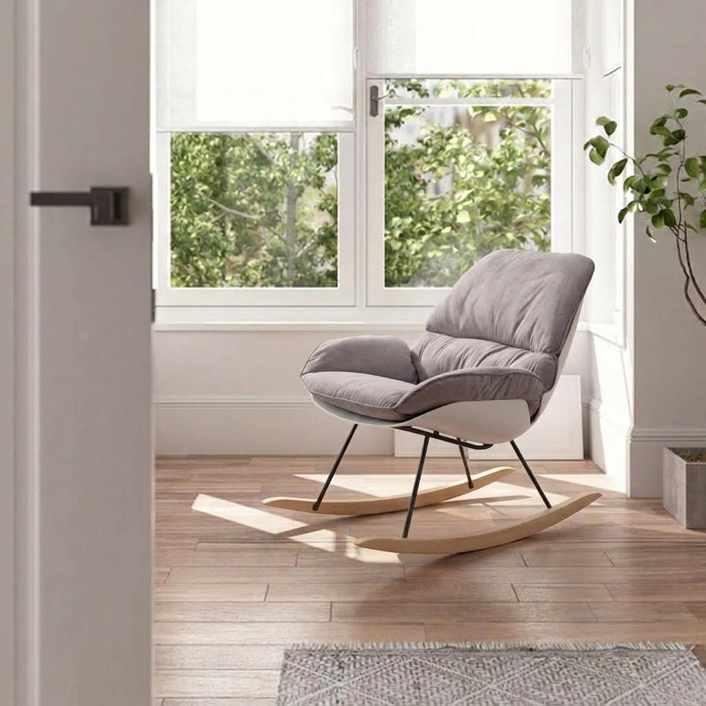 Contemporary Nordic Upholstered Rocking Chair - Ergonomic Steel PP Fabric Solid Wood Lounge Chair For Living Room, Bedroom &amp; Reading Nook