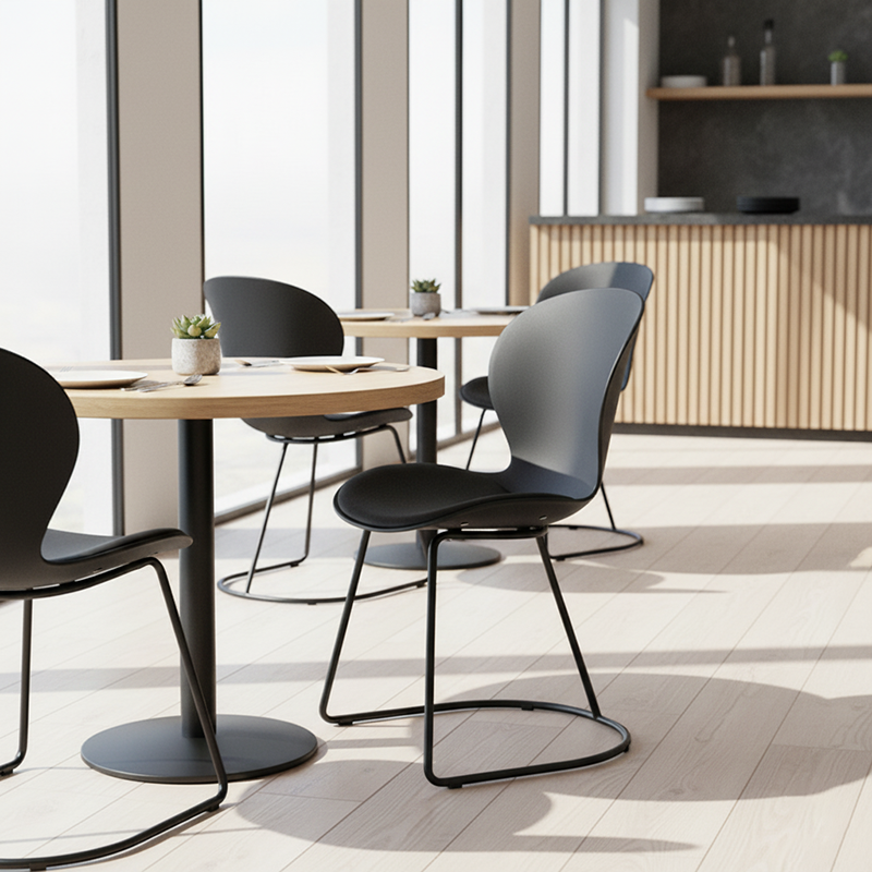 Moderner minimalistischer gebogener Polypropylen-Synthetikleder-Eisen-Schwamm-Esszimmerstuhl mit Rückenlehne für das Esszimmer 
