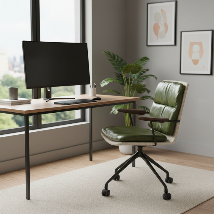 Silla de escritorio ergonómica de lujo moderno de cuero genuino, madera maciza y aleación de aluminio con giro y movilidad para oficina en casa y dormitorio 