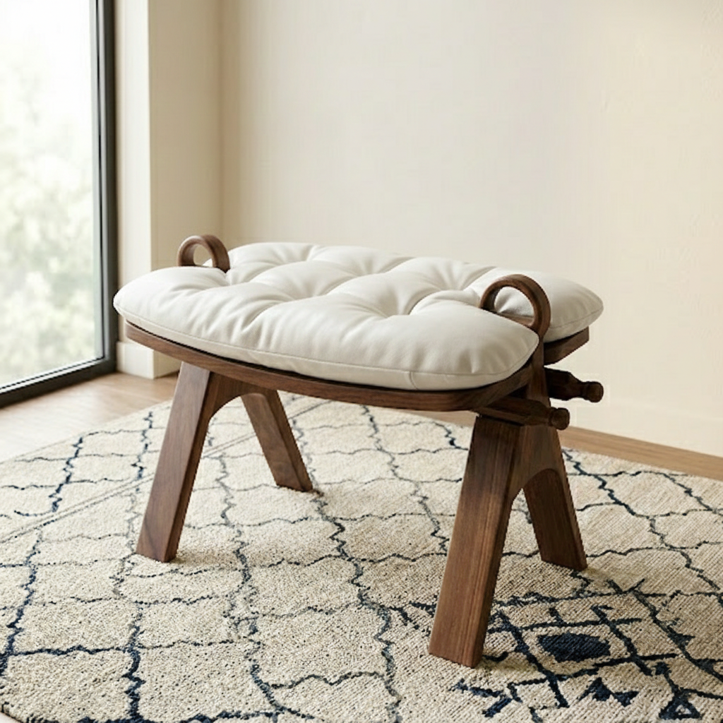 Contemporary Retro Top Grain Leather Curved Rectangular Low Stool With Solid Wood Base For Bedroom &amp; Living Room