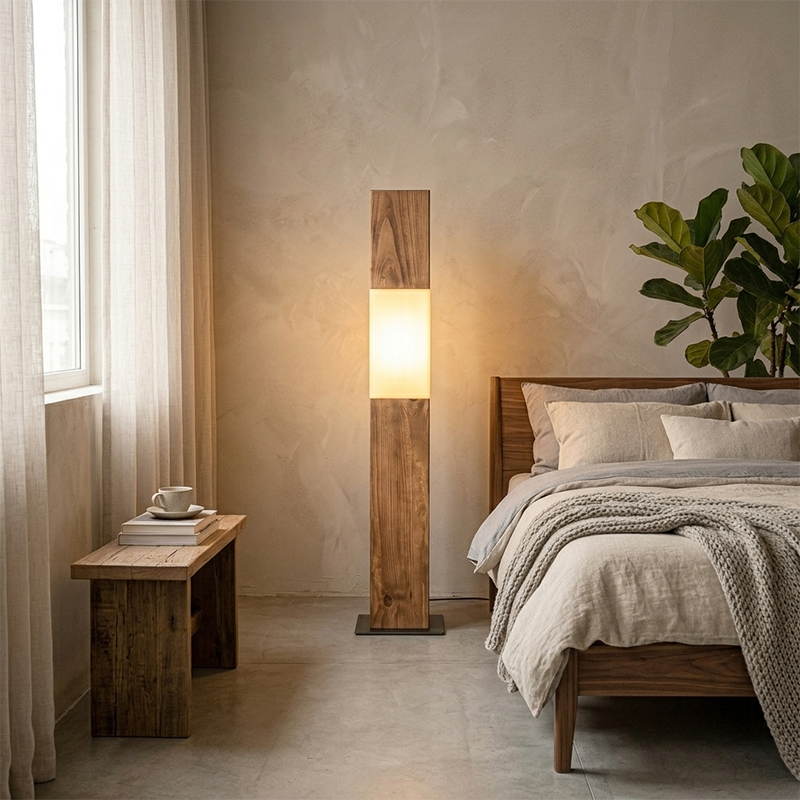 Traditional Vintage Solid Wood Iron LED Floor Lamp Fabric Distressed Rectangular Pillar Design for Living Room