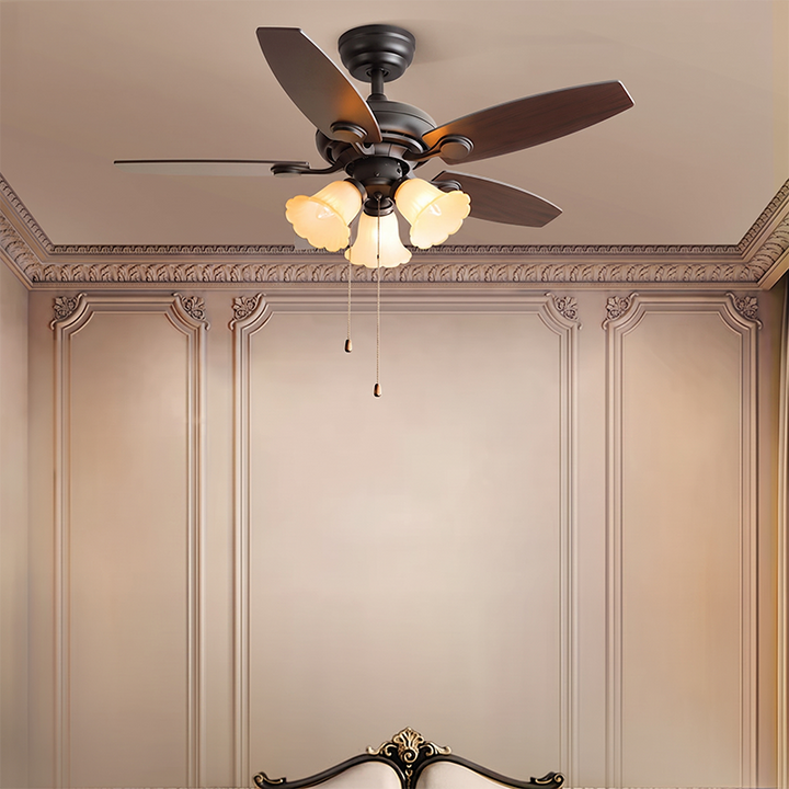 Traditional French Iron Fan Flower Glass Shade 3/5 - Light Downrods Ceiling Fan Light For Living Room