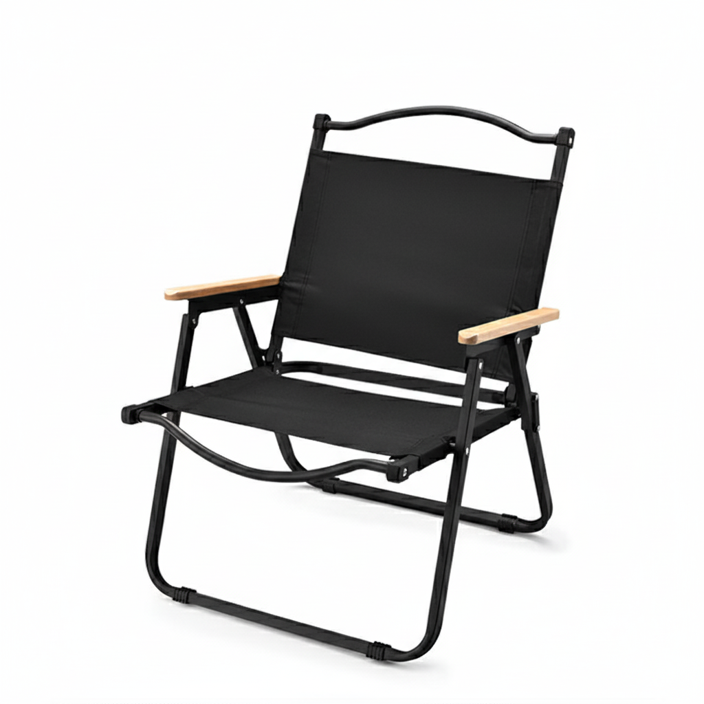 Moderner minimalistischer quadratischer Stoff-Klappstuhl aus Kohlenstoffstahl und Buchenholz mit Rückenlehne und Armlehne für den Außenbereich 