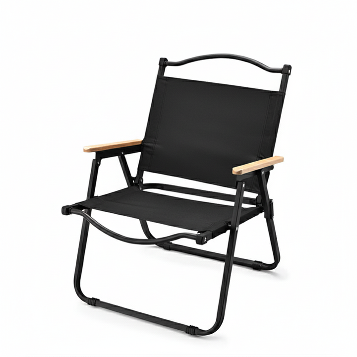 Moderner minimalistischer quadratischer Stoff-Klappstuhl aus Kohlenstoffstahl und Buchenholz mit Rückenlehne und Armlehne für den Außenbereich 