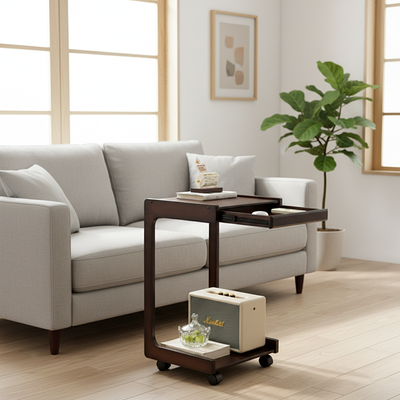 Modern Minimalist Rectangular Bamboo End Table 2-Tier 1-Drawer For Living Room
